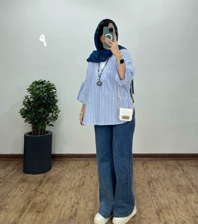 تونیک مانتویی یقه دار راه راه(ایراد دار)