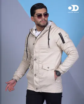 اوور کت کرم مردانه مدل بلند پارچه کتان _ تمام خز فوق‌العاده شیک و با کیفیت