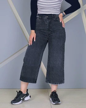 شلوار جین واید لگ ذغالی زنانه کمرکش قد 84 مدل Wide Leg Charcoal Grey کد 80600