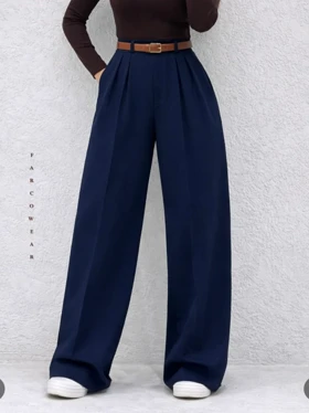 شلوار پارچه ای زنانه فاق بلند پلیسه‌دار شلوار واید رسمی و روزمره