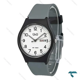 ساعت مچی کیو کیو مردانه دو تقویمه صفحه سفید بند رابر طوسی QQ-7767-G
