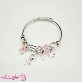 دستبند زنانه پاندورا نقره ای مدل گل رز صورتی کد 200