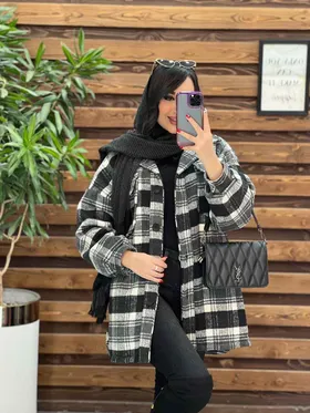 پالتو چهارخونه جیب پاکتی داخل خز