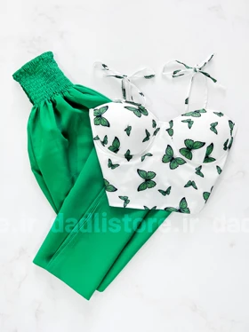 ست نیم‌تنه کاپ‌دار و شلوار پارچه ای بگ طرح پروانه