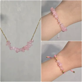 دستبند و گردنبند با سنگ رز کوارتز اصل و نقره