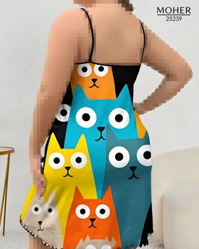 لباس خواب سایز بزرگ مدل گربه های رنگی