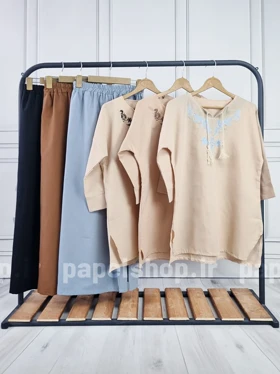 ست تونیک و شلوار لینن یقه گلدوزی