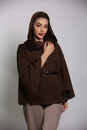 پالتو پانچ ژاکارد کمربنددار (قهوه ای)