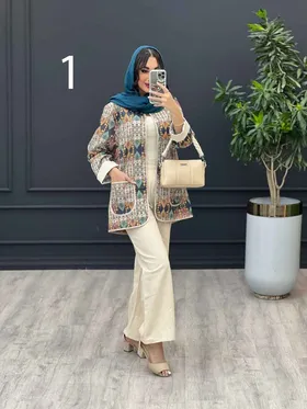 ست مانتو و شلوار طرح دار آستین پاکتی