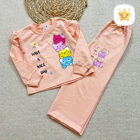 بلوز شلوار دخترانه بگ گربه جنس پنبه برند DENIZ مناسب 2 تا 10 سال