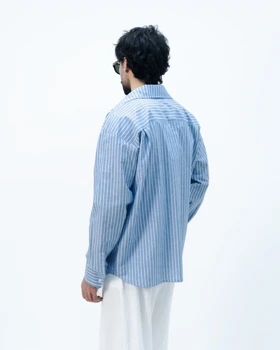 پیراهن آستین بلند مردانه راه راه آبی برند موهر mouher