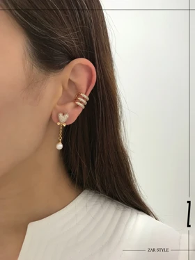 گوشواره تابه‌تا قلب فول نگین مروارید آویز