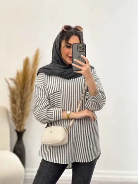 مانتو راه راه جلو بسته تک جیب