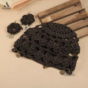 کلاه و گوشواره زنانه بافت Crochet Hat & Earrings HA198 (قهوه‌ای)