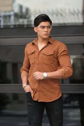 پیراهن کبریتی ریز شتری دو جیب 2026 جذاب و شیک کد 46514665