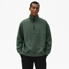 دورس نیم زیپ ساده رنگ سبز پارچه سه نخ تو کرکی استایل شیک و مینیمال کد 5002