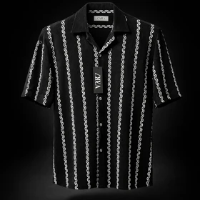 پیراهن مراکشی یقه انگلیسی راه راه مشکی و سفید مردانه استایل اولدمانی 2026