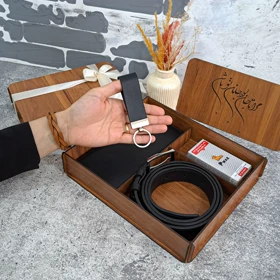 ست هدیه چرم مردانه چرم طبیعی کیف پول و کمربند چرم طبیعی مدل 3 تیکه کتی