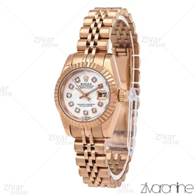 ساعت رولکس دیت جاست زنانه رزگلد سفید ایندکس نگین‌دار اسمال 106736