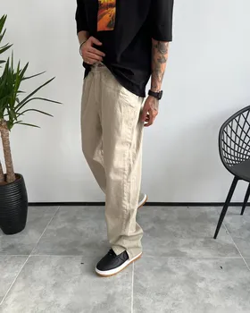 شلوار جین کتان نیم بگ DENIM رنگ کرم