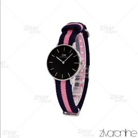 ساعت دنیل ولینگتون زنانه قاب سیلور صفحه مشکی بند صورتی سرمه ای 104972