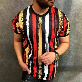 تیشرت راه راه سوزنی رنگ قرمز زرد Bershka