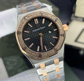 ساعت اودمار پیگه AP دورنگین زنانه دورنگ رزگلد صفحه مشکی Audemars Piguet Royal Oak Diamonds