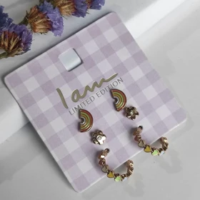 ست سه‌تایی گل گوش (گوشواره میخی) فانتزی طرح رنگین‌کمان و گل – آبکاری طلا