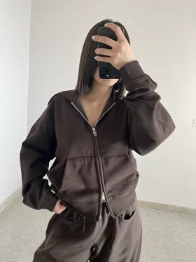 سویشرت دو زیپ باکسی Bershka قهوه ای کد 273