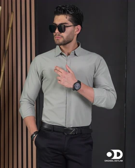 پیراهن دوشین اسپرت-مجلسی مردانه رنگ زیتونی روشن یقه خرگوشی snt کراوات خور