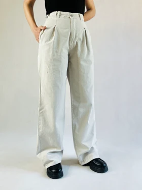 شلوار نیم بگ کاغذی کتان پیلی دار