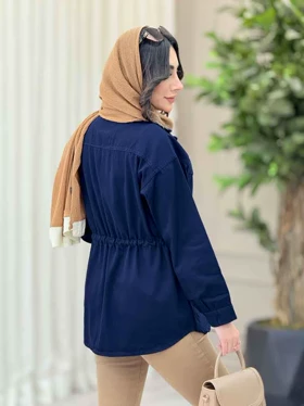 مانتو کتان کمرگت سر جیب مثلثی