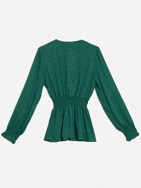 بلوز زنانه کرپ ژرژت طرح دار کش دوزی یقه هفت هشت کژوال فریما