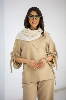 کت زنانه استریپ بغل بندی (کرم)