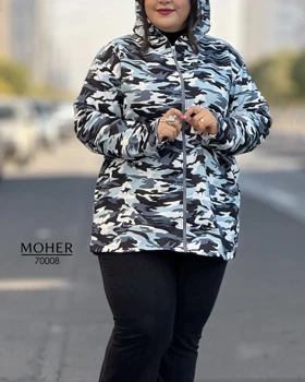 هودی کرک‌دار زنانه سایز بزرگ طرح ارتشی طوسی