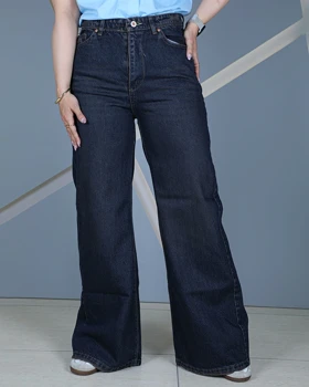 شلوار جین فلر بگ سورمه ای زنانه قد 110 سایز 36 تا 46 Flare Baggy Navy Jeans کد 910100