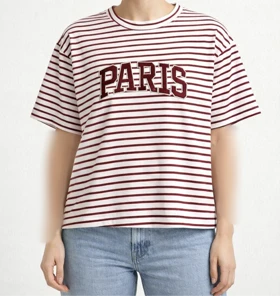 تیشرت باکسی راه راه پنبه زنانه گلدوزی PARIS