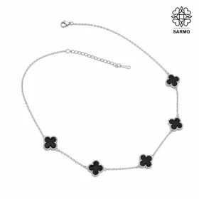 گردنبند استیل ونکلیف پنج گل مشکی نقره ای کد 509428010