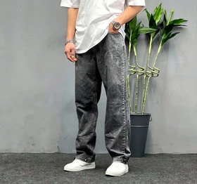 شلوار نیم بگ ذغالی روشن مردانه پارچه جین کجراه سنگشور