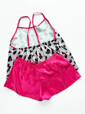 ست لباس خواب تاپ و شورتک ساتن پلنگی