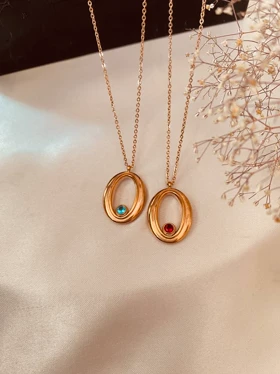 گردنبند بیضی نگین زرد و ابی استیل