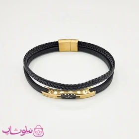 دستبند مردانه رولکس چرم و استیل مشکی طلایی کیفیت مستر کد 1150