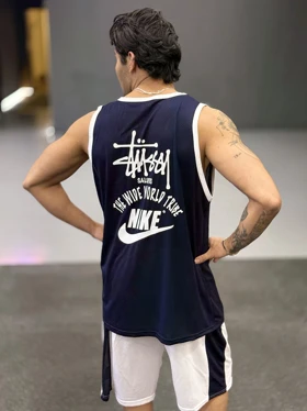 ست بسکتبالی نایک استاسی (Nike Air x Stussy) پارچه فلامنت آجری (8 رنگ) (سرمه ای)