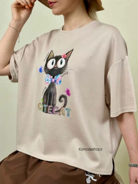 تیشرت باکسی پینترستی Cat (کرم)