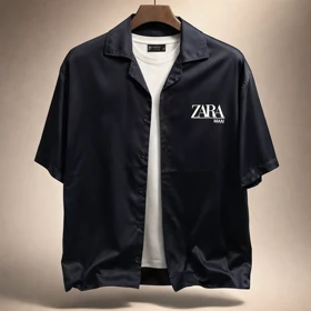 پیراهن لش پارچه مازراتی مردانه سرمه ای کد S44785 قواره لش آستین سه ربع استایل 2026