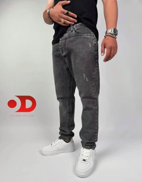 شلوار جین مام فیت دودی مردانه پارچه کجراه سنگشور کد 756