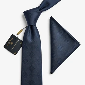 کراوات و پوشت دستدوز طرح تارتان حصیری برند Massimo Dutti (سرمه ای)