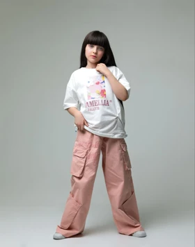 تیشرت شلوار دخترانه طرح گل برجسته رنگ صورتی