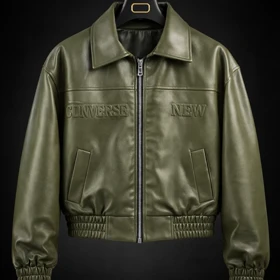 جکت چرم باکسی پایین کش سبز چاپ داغی خور خفن اولد مانی 2026 کد 52