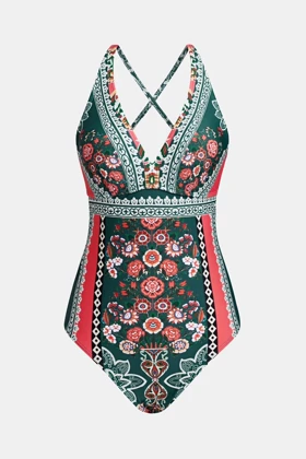 مایو یک‌تکه Cupshe مدل Boho Floral Print Lace-Up – طرح گل‌دار بوهو با بند بندی پشت و استایل رترو